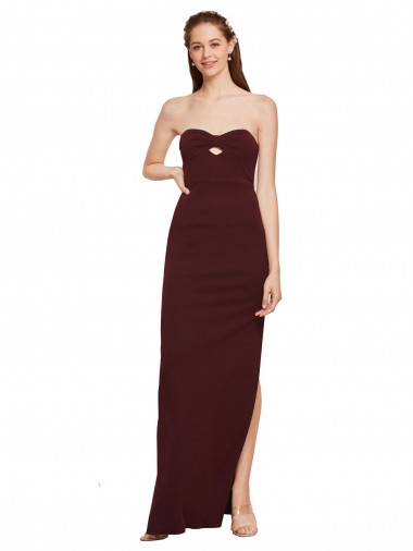 Discount Twisted Strapless Keyhole Long Formal Crepe Bridesmaid Dress / Prom Dress with Slit