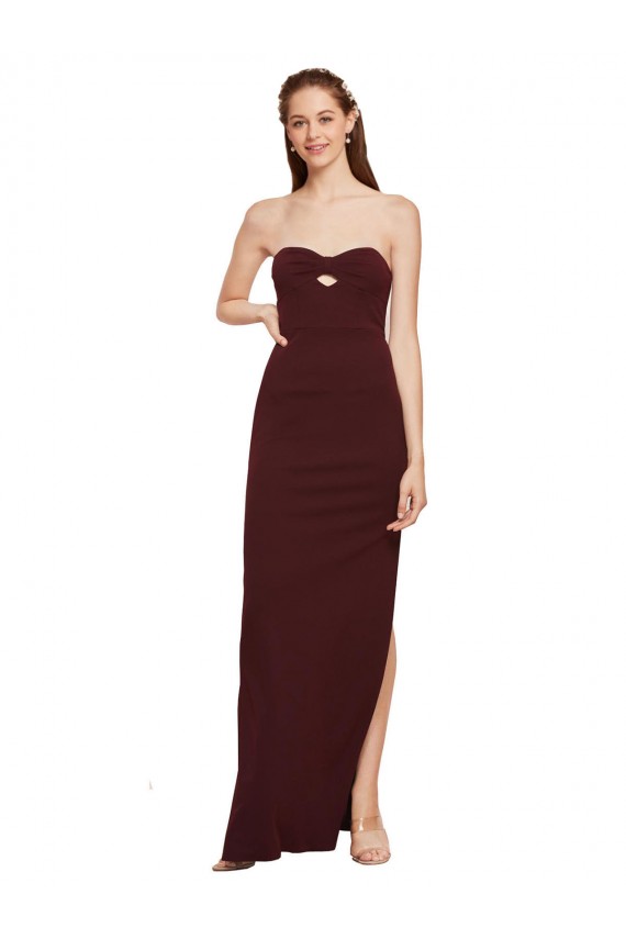 Discount Twisted Strapless Keyhole Long Formal Crepe Bridesmaid Dress / Prom Dress with Slit