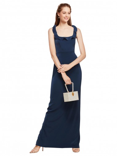 Discount Scoop Neck with Ruffles Long Formal Crepe Bridesmaid Dress / Prom Dress with Back Slit