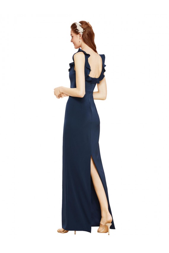 Discount Scoop Neck with Ruffles Long Formal Crepe Bridesmaid Dress / Prom Dress with Back Slit