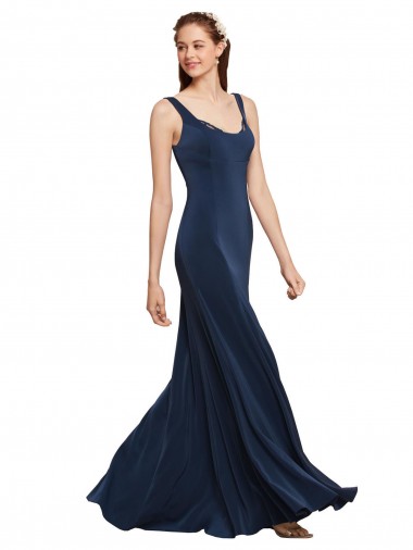 Discount Fit and Flare Long Formal Crepe Bridesmaid Dress / Prom Dress with Round Neck