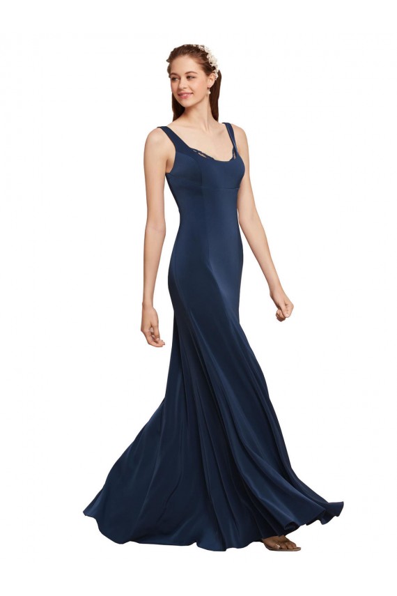 Discount Fit and Flare Long Formal Crepe Bridesmaid Dress / Prom Dress with Round Neck