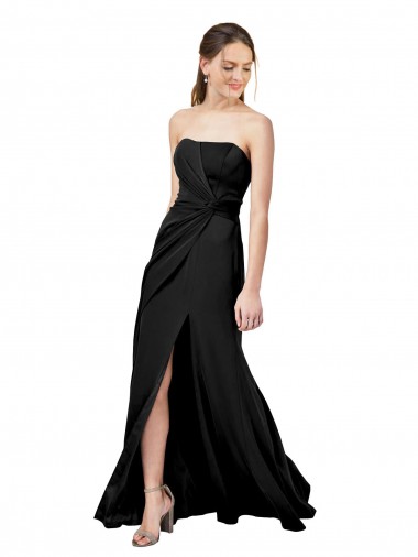 Discount Strapless Fit and Flare Long Formal Crepe Bridesmaid Dress / Prom Dress with Knot and Slit