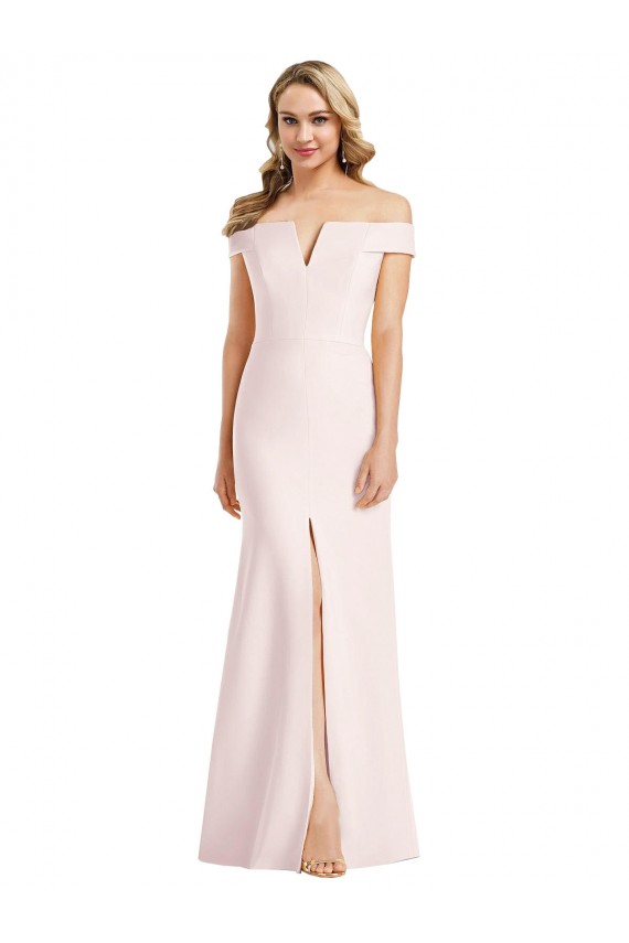 Discount Off the Shoulder Notch Trumpet Formal Crepe Bridesmaid Dress / Prom Dress with Front Slit