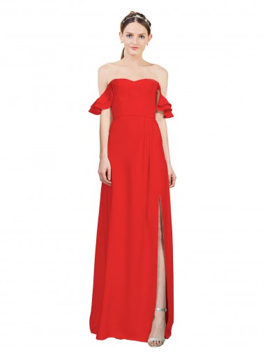 Discount Double Ruffle Flounce Sleeves Formal Crepe Bridesmaid Dress / Prom Dress with Slit