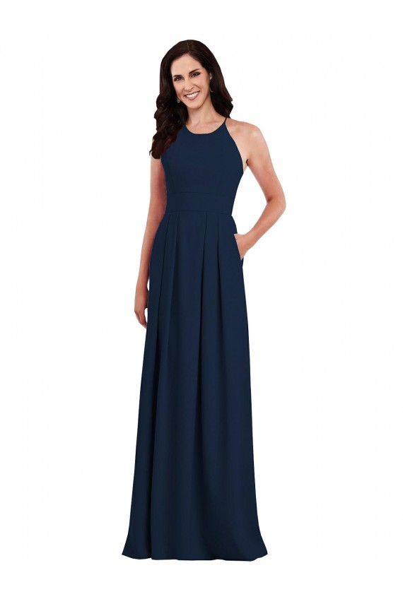 Discount Criss Cross Back Crepe Halter Bridesmaid Dress with Pockets