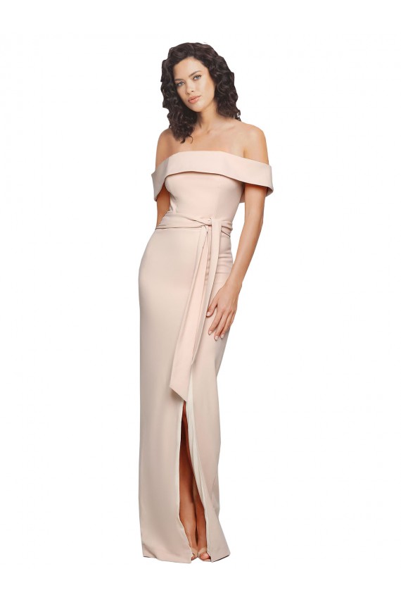 Discount Off the Shoulder Long Formal Crepe Bridesmaid Dress / Prom Dress with Waist Tie and Slit