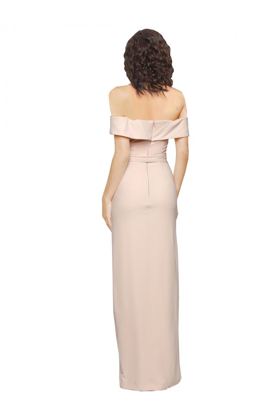 Discount Off the Shoulder Long Formal Crepe Bridesmaid Dress / Prom Dress with Waist Tie and Slit