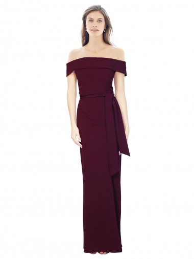Discount Off the Shoulder Long Formal Crepe Bridesmaid Dress / Prom Dress with Waist Tie