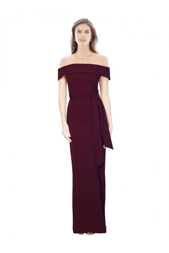 Discount Off the Shoulder Long Formal Crepe Bridesmaid Dress / Prom Dress with Waist Tie