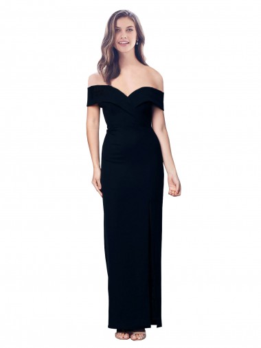 Discount Off the Shoulder Long Full Length Formal Crepe Bridesmaid Dress / Prom Dress with Side Split