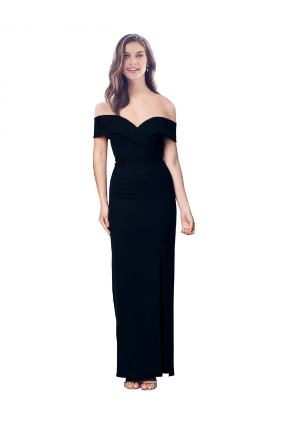 Discount Off the Shoulder Long Full Length Formal Crepe Bridesmaid Dress / Prom Dress with Side Split