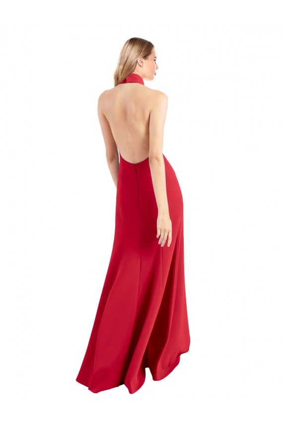 Discount Sleek Fit and Flare High Neck Halter Stretch Formal Crepe Bridesmaid Dress / Prom Dress with Open Back