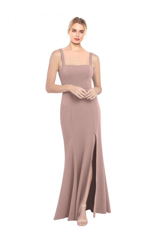 Discount Square Neck Fit and Flare Long Stretch Crepe Bridesmaid Dress / Prom Dress with Side Slit