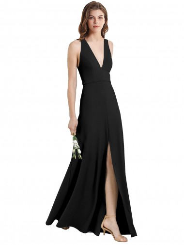 Discount Sleek Halter V-Neck Long A-Line Stretch Formal Crepe Bridesmaid Dress / Prom Dress with Front Slit