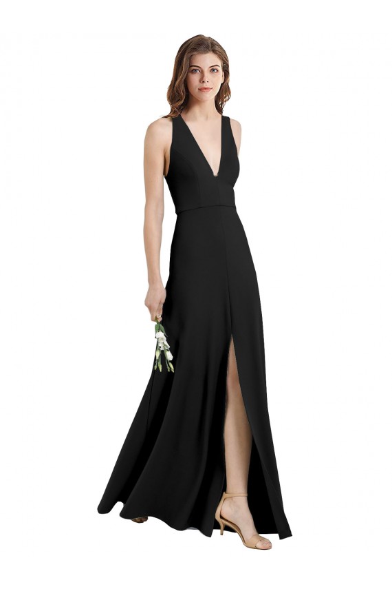Discount Sleek Halter V-Neck Long A-Line Stretch Formal Crepe Bridesmaid Dress / Prom Dress with Front Slit