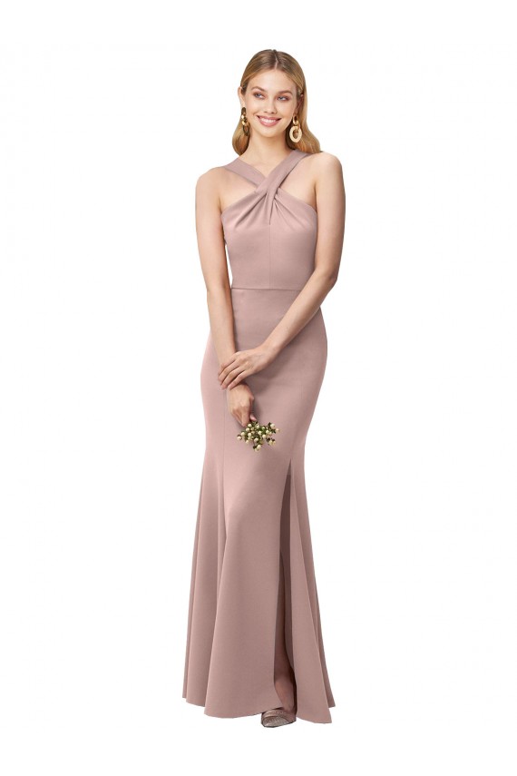 Discount Long Floor Length High Neck Fit and Flare Stretch Crepe Bridesmaid Dress / Prom Dress with Side Slit