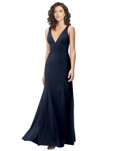 Discount Classic V-Neck Long Stretch Formal Crepe Bridesmaid Dress / Prom Dress with V-Back