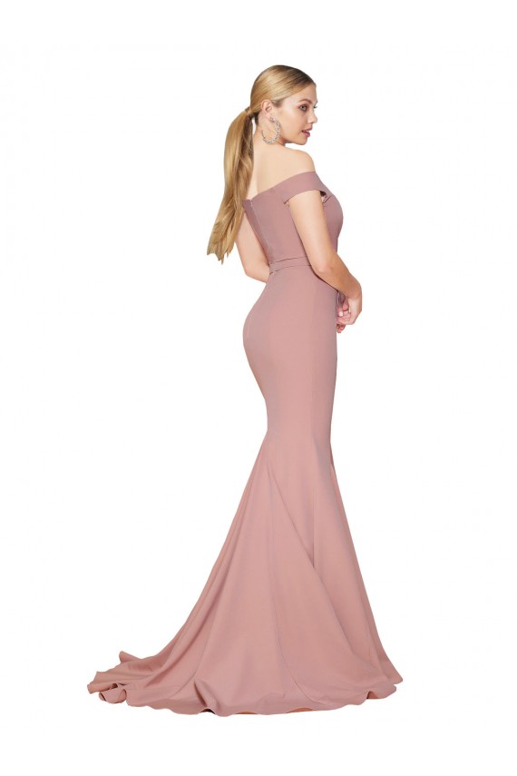 Discount Off the Shoulder Sweetheart Long Sweep Train Formal Crepe Bridesmaid Dress / Prom Dress