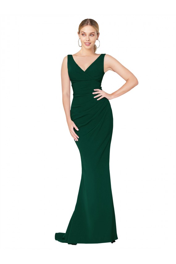 Discount V-Neck Floor Length Long Formal Crepe Mermaid Bridesmaid Dress / Prom Dress