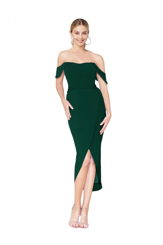 Discount Off the Shoulder Knee Length Formal Crepe Short Cocktail Wrap Bridesmaid Dress / Prom Dress