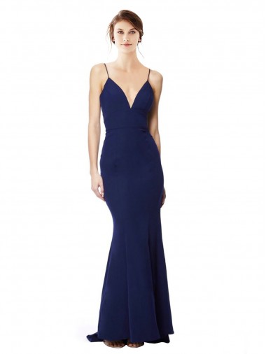 Discount Deep V-Neck Spaghetti Straps Mermaid Formal Crepe Bridesmaid Dress / Prom Dress