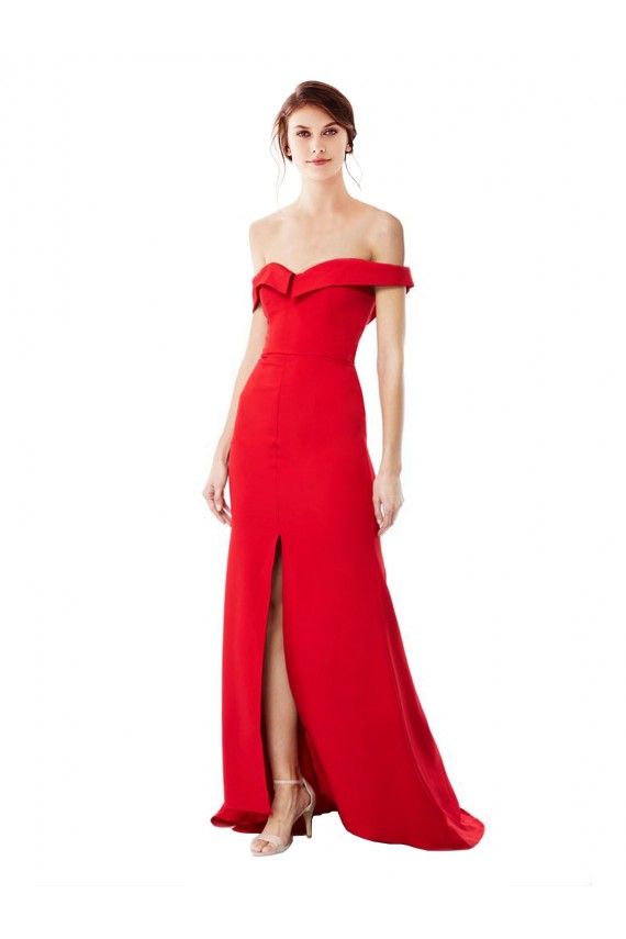 Discount Off the Shoulder Chapel Train Formal Crepe Bridesmaid Dress / Prom Dress with Thigh-High slit