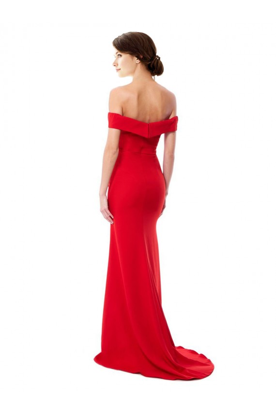 Discount Off the Shoulder Chapel Train Formal Crepe Bridesmaid Dress / Prom Dress with Thigh-High slit