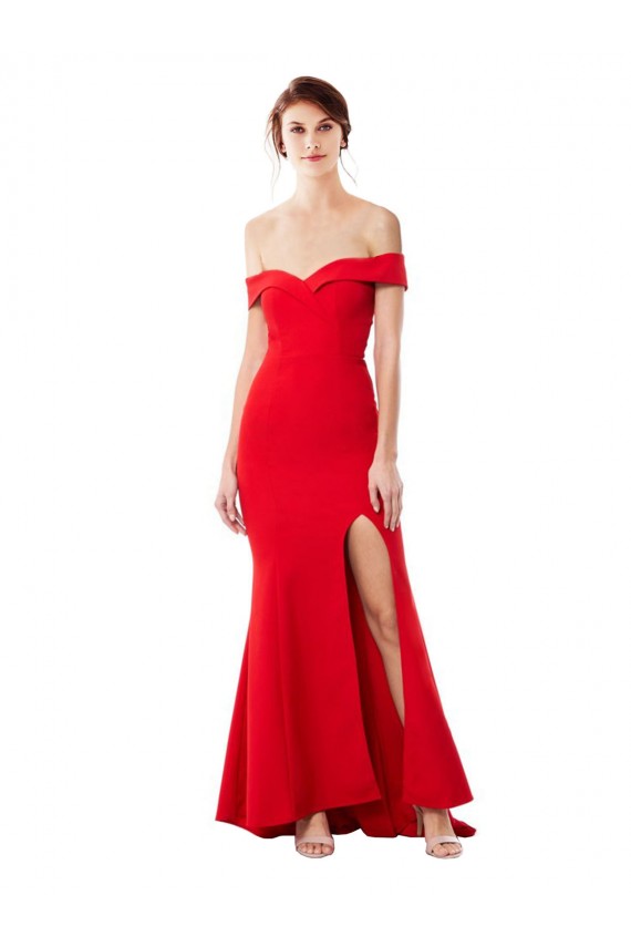 Discount Off the Shoulder Sweetheart Maxi Formal Crepe Bridesmaid Dress / Prom Dress With Thigh Split and Train