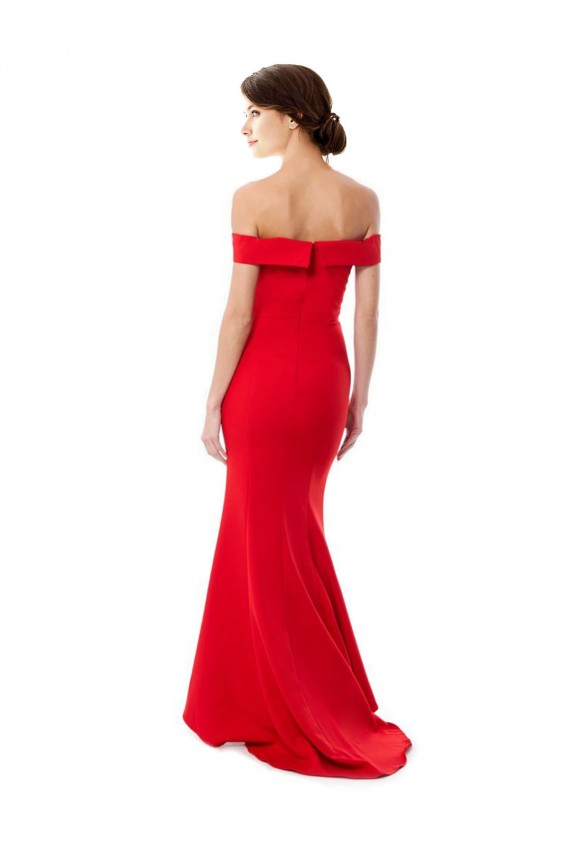 Discount Off the Shoulder Sweetheart Maxi Formal Crepe Bridesmaid Dress / Prom Dress With Thigh Split and Train