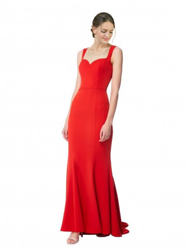 Discount Long Chapel Train Fishtail Maxi Formal Crepe Bridesmaid Dress / Prom Dress with Sweetheart Neckline