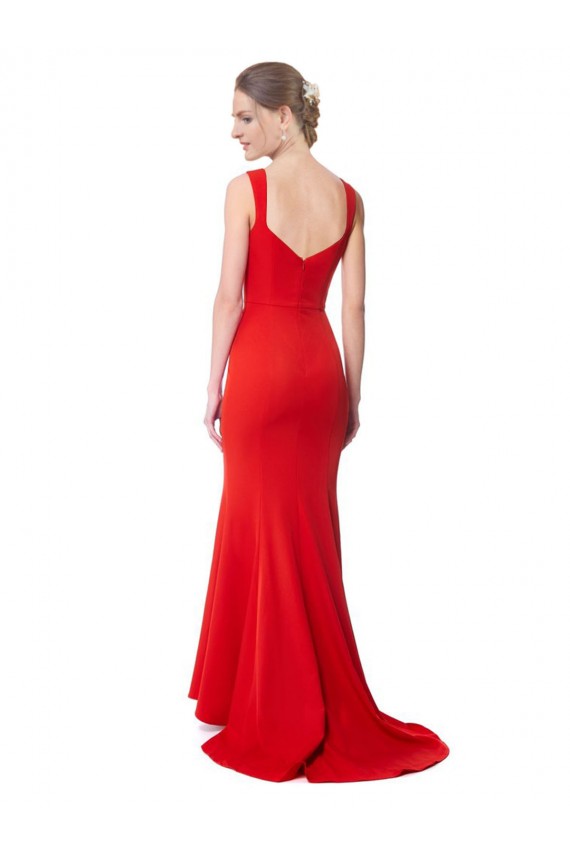 Discount Long Chapel Train Fishtail Maxi Formal Crepe Bridesmaid Dress / Prom Dress with Sweetheart Neckline