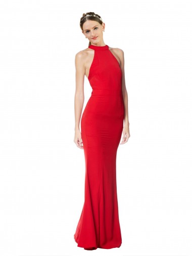 Discount Halter Neck Keyhole Back Sleeveless Formal Crepe Maxi Bridesmaid Dress / Prom Dress