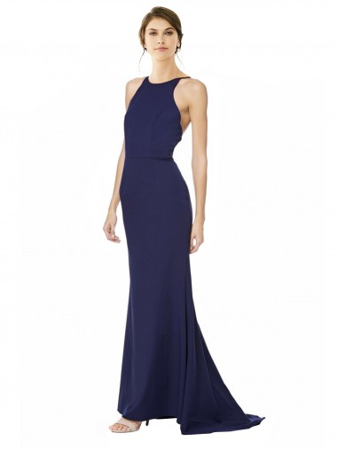 Discount Fishtail High Neck Maxi Formal Crepe Bridesmiad Dress with Strappy Back Detail