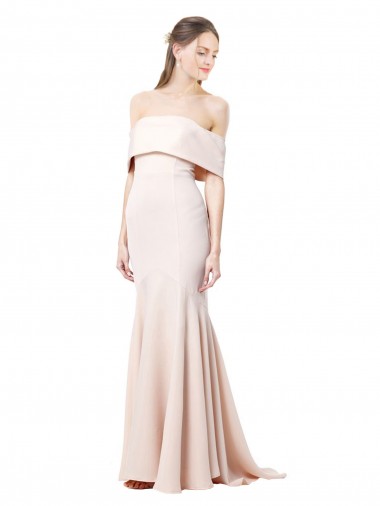 Discount Mermaid Bardot Maxi Formal Crepe Bridesmiad Dress with Fishtail Train