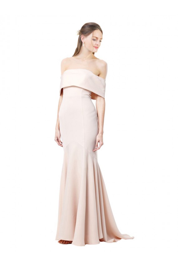 Discount Mermaid Bardot Maxi Formal Crepe Bridesmiad Dress with Fishtail Train
