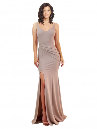 Discount Fishtail Shape V-Neck Formal Crepe Bridesmaid Dress / Prom Dress with Slit