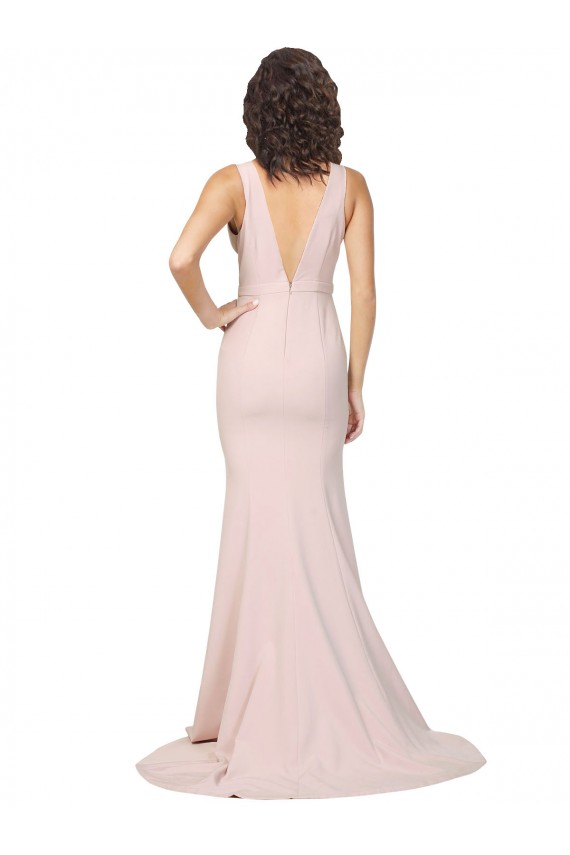 Discount Deep Plunging V-Neckline Full Length Formal Crepe Bridesmaid Dress / Prom Dress with Deep V-Backline