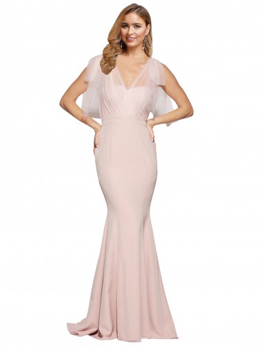 Discount Double Bow Full Length Sweetheart Formal Crepe Bridesmaid Dress / Prom Dress with Tulle Overlay