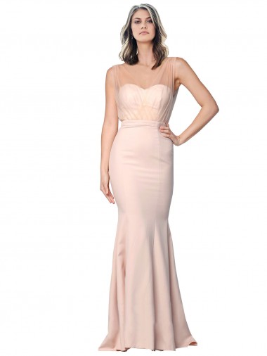 Discount Full Length Sweetheart Formal Crepe Bridesmaid Dress / Prom Dress with Tulle Overlay