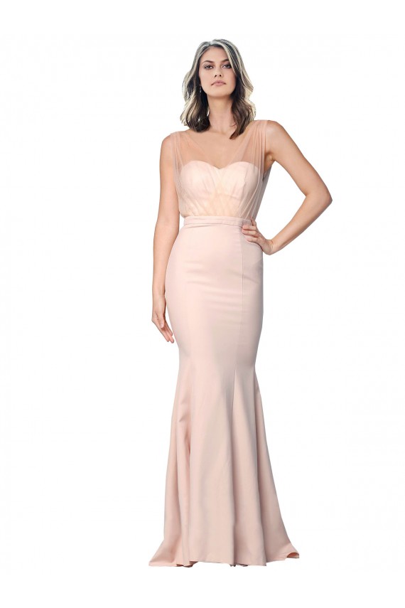 Discount Full Length Sweetheart Formal Crepe Bridesmaid Dress / Prom Dress with Tulle Overlay
