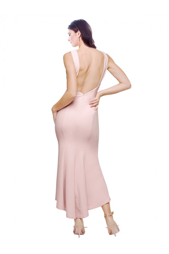 Discount High Neck Low V-Back Cocktail Midi Length Formal Crepe Bridesmaid Dress / Prom Dress