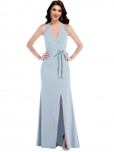 Discount Open Back Halter Maxi Formal Crepe Bridesmaid Dress / Prom Dress with Draped Bow