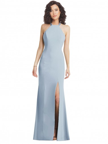 Discount High Neck Halter Formal Crepe Bridesmaid Dress / Prom Dress with Twist Criss Cross Back