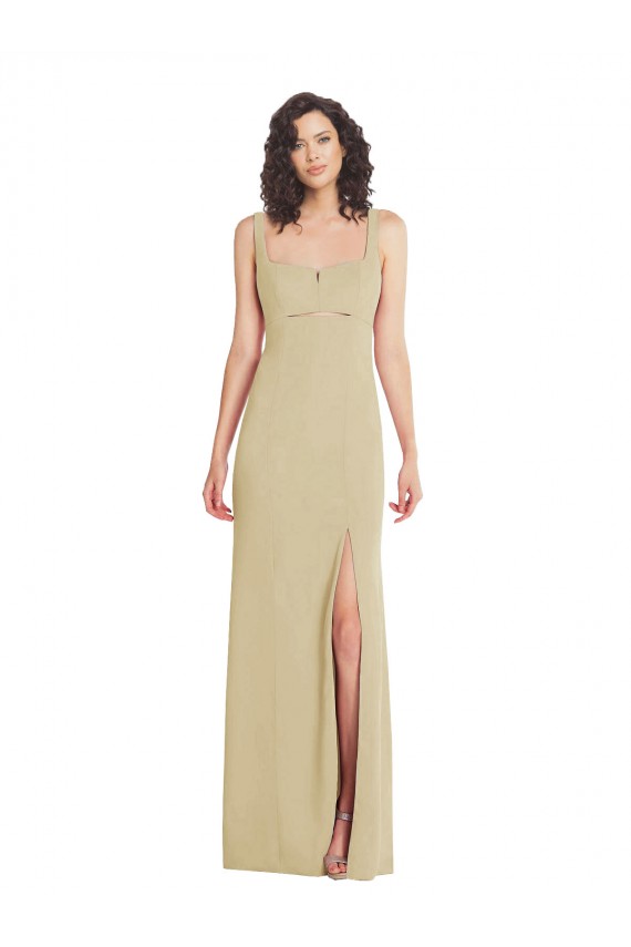 Discount Wide Strap Slash Cutout Empire Formal Crepe Bridesmaid Dress / Prom Dress with Front Slit