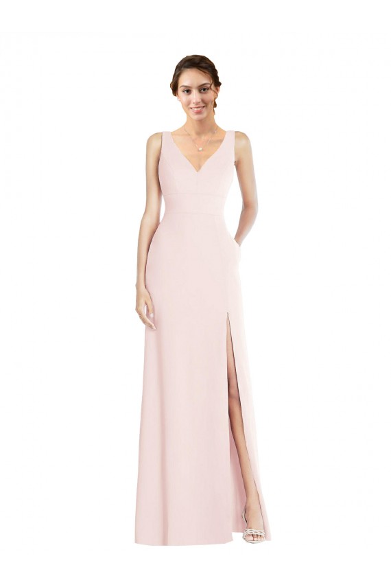 Discount Square Neck Low Back A-Line Bridesmaid Dress / Prom Dress with Front Slit and Pockets