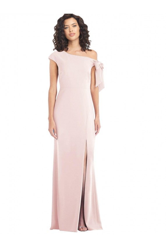 Discount Off the Shoulder Tie Detail Trumpet Formal Crepe Bridesmaid Dress / Prom Dress with Front Slit