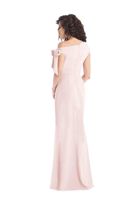 Discount Off the Shoulder Tie Detail Trumpet Formal Crepe Bridesmaid Dress / Prom Dress with Front Slit