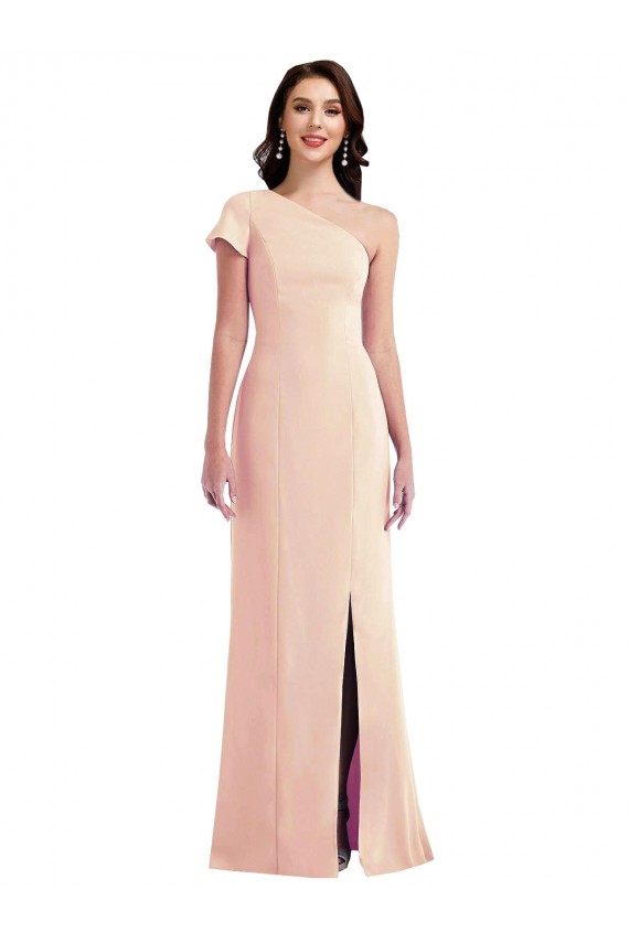 Discount One Shoulder Cap Sleeves Trumpet Formal Crepe Bridesmaid Dress / Prom Dress with Front Slit