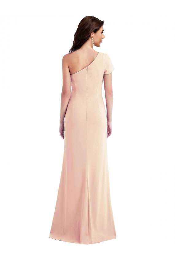Discount One Shoulder Cap Sleeves Trumpet Formal Crepe Bridesmaid Dress / Prom Dress with Front Slit